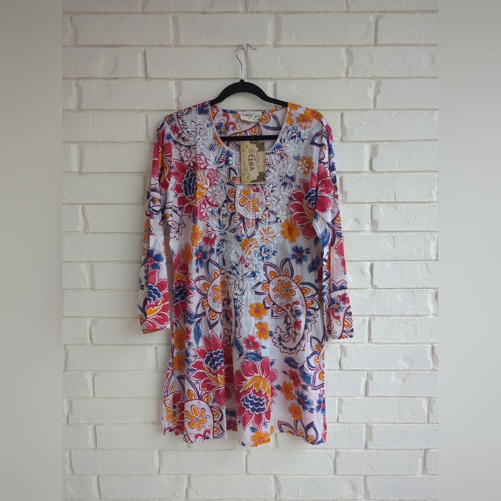 Vintage GOA Sheer Cotton Blouse Floral Embroidery  Boho Indie Resort Wear XL